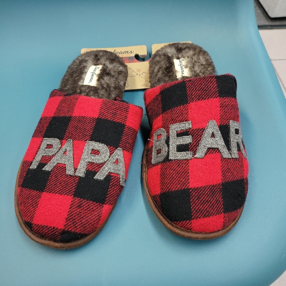 NWT Men's S(7-8) Dearfoams Papa Bear Christmas Winter Slippers Plaid
